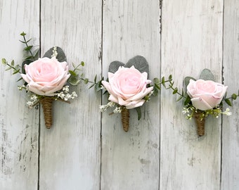 Boho rose boutonniere with eucalyptus, light pale blush pink realistic rose wedding, faux silk  wrist corsage homecoming, real touch prom