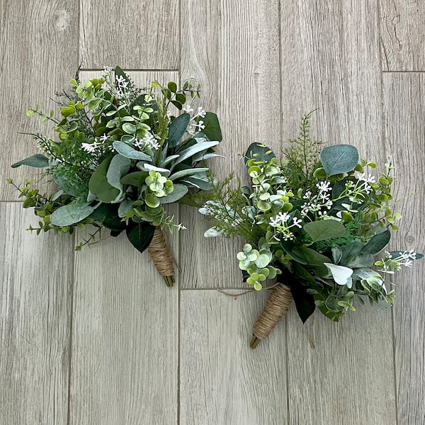 Fern greenery bridesmaids bouquet, sage eucalyptus cascade wedding bouquet, boho wedding flowers, lambs ear greenery bridal bouquet