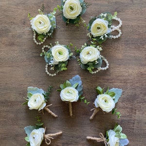 Boho bridal bouquet, white peony wedding bouquet, garden style ivory ranunculus wedding flowers, rustic classic eucalyptus bridesmaid Wrist corsage