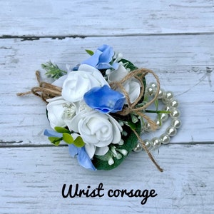 Boho wedding bouquet, white roses & blue hydrangea with eucalyptus bridal flowers, boho silk flower wedding, ivory peony bridesmaid flowers image 6