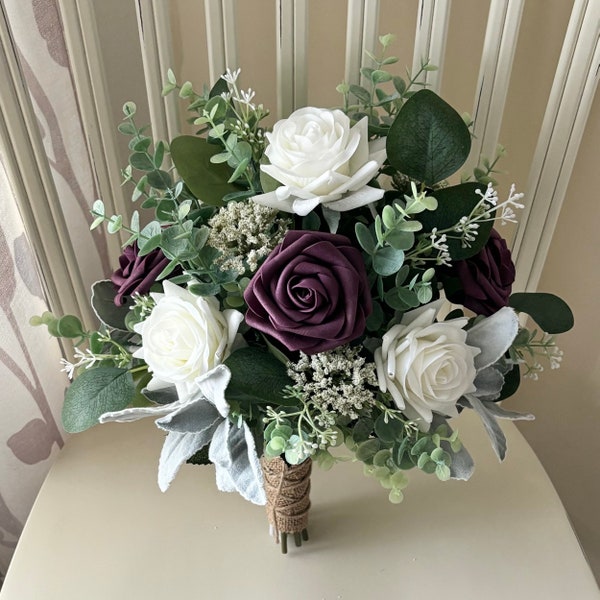 Boho Bridal bouquet, plum & white roses, greenery wedding bouquet,silk artificial eucalyptus sage bridesmaids bouquet, corsage, boutonnières