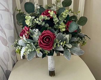 Boho wine rose greenery bridal bouquet eucalyptus wedding bouquet, dark red rosesLambs ear sage bridesmaid flowers