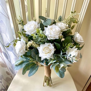 Boho wedding bouquet, premium white roses & greenery bridal bouquet, eucalyptus sage wedding bouquet, bridesmaid flowers