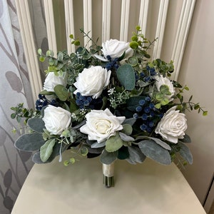 Boho navy wedding bouquet premium white roses blue accent flowers & greenery bridal bouquet, wedding bouquet, sage bridesmaid flowers