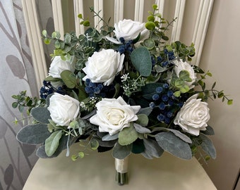 Boho navy wedding bouquet premium white roses blue accent flowers & greenery bridal bouquet, wedding bouquet, sage bridesmaid flowers