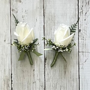 Rose bud boutonniere with fern, realistic ivory rose wedding boutonnieres, faux silk homecoming boutonniere, real touch prom boutonniere