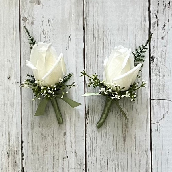 Rose bud boutonniere with fern, realistic ivory rose wedding boutonnieres, faux silk homecoming boutonniere, real touch prom boutonniere