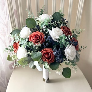 Wedding bouquet, white and burnt orange roses, navy accent flowers & greenery bridal bouquet, eucalyptus bridesmaid flowers, boutonnières