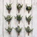 Boho greenery boutonnières with eucalyptus, fern lambs ear ficus wedding boutonnieres, faux silk homecoming prom boutonnière, babies breath