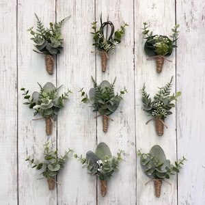 Boho greenery boutonnières with eucalyptus, fern lambs ear ficus wedding boutonnieres, faux silk homecoming prom boutonnière, babies breath