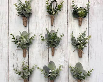 Boho greenery boutonnières with eucalyptus, fern lambs ear ficus wedding boutonnieres, faux silk homecoming prom boutonnière, babies breath