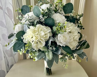 Ivory hydrangea wedding bouquet, white rose & greenery boho bridal bouquet, eucalyptus sage, garden boho bridesmaid flowers