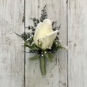 Rose bud boutonniere with fern, realistic ivory rose wedding boutonnieres, faux silk homecoming boutonniere, real touch prom boutonniere image 3