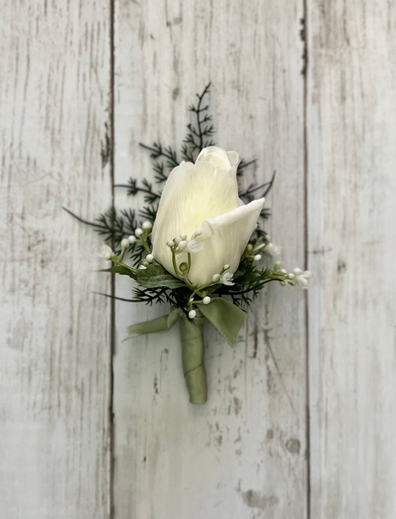 Rose bud boutonniere with fern, realistic ivory rose wedding boutonnieres, faux silk homecoming boutonniere, real touch prom boutonniere image 3