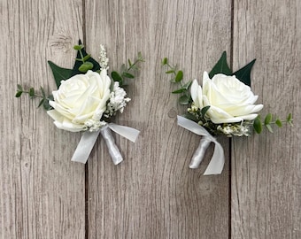 Boho Ivory Rose Boutonniere, Real Touch Faux Silk Wedding Corsage