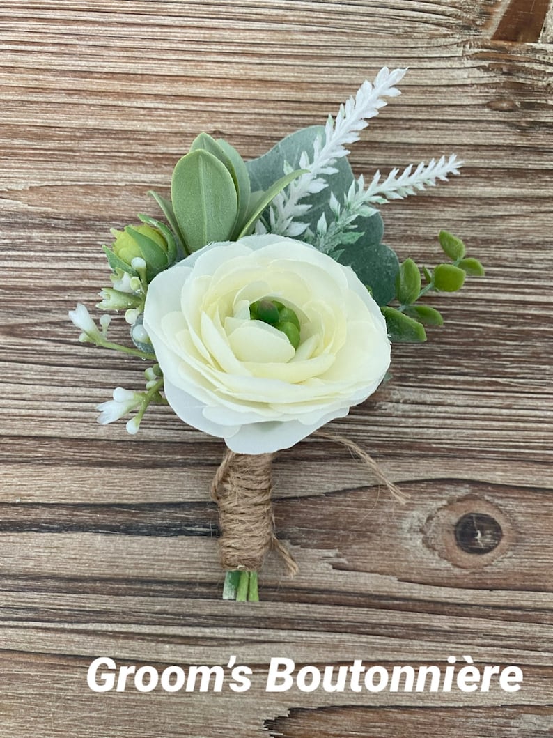 Boho bridal bouquet, white peony wedding bouquet, garden style ivory ranunculus wedding flowers, rustic classic eucalyptus bridesmaid Groom boutonnière