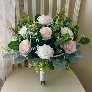 Real touch blush light pink & white roses with eucalyptus greenery bridal bouquet, faux wedding bouquet, bridesmaid flowers, boutonnieres