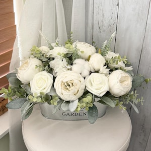 Farmhouse table centerpiece, cotton rustic faux arrangement, white ivory silk flower arrangement, peony floral home decor, french country