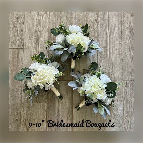 Bridesmaids Bouquet Ivory Hydrangea White Rose Greenery Boho
