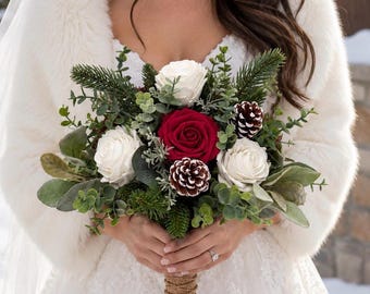 Winter Red Rose Bridal Bouquet, Pinecones, White Boutonnières & Corsages Holiday Christmas Bridesmaid Flower, ivory, green, blue Wedding