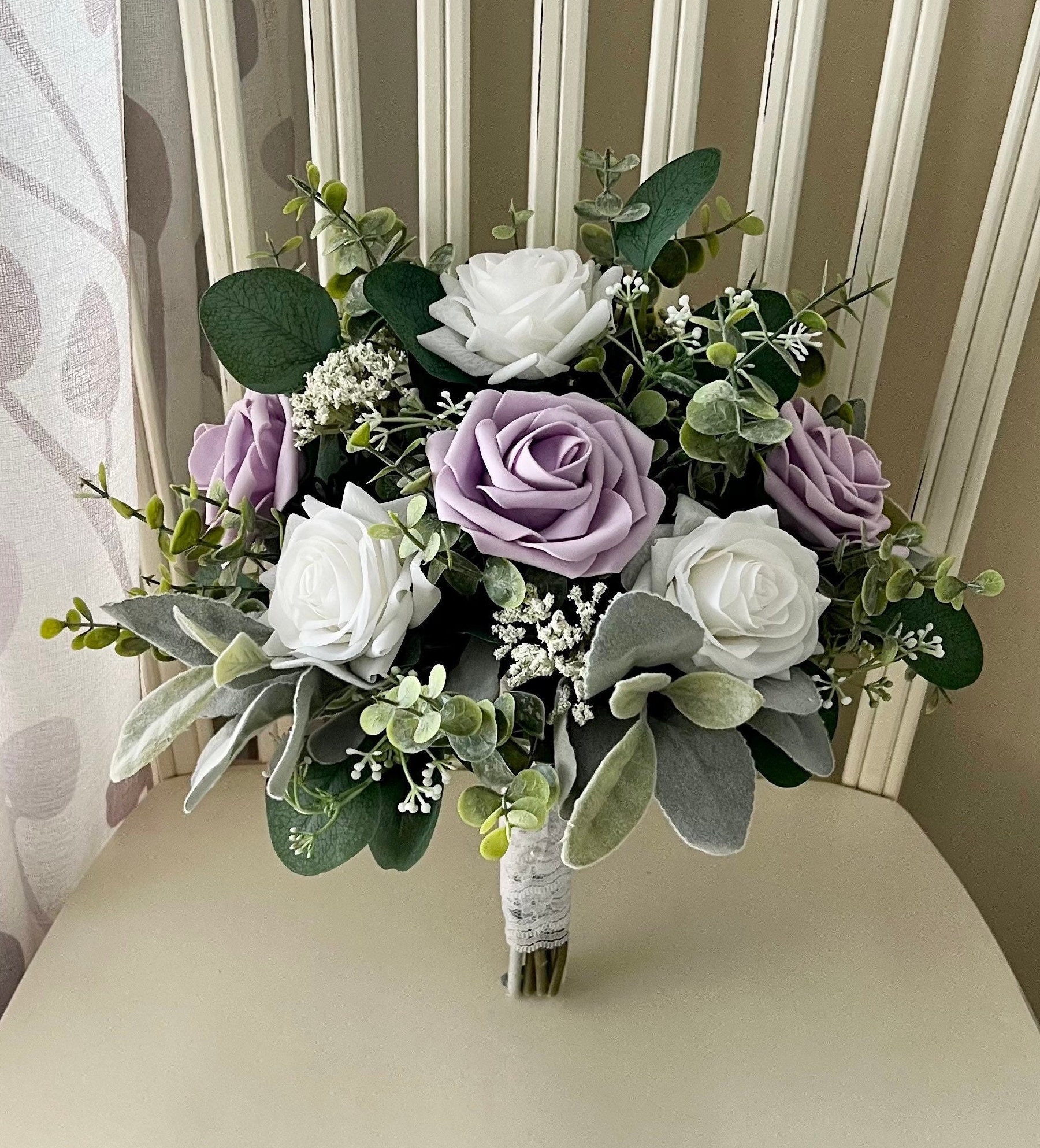 Boho Wedding Bouquet, Lavender Lilac Roses, Eucalyptus Sage Greenery - Etsy, image size:1800x1986