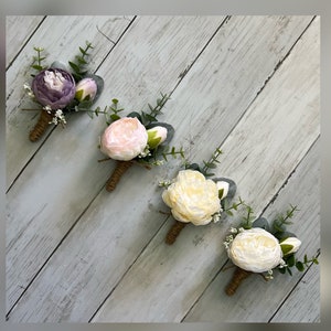 Peony boutonniere with eucalyptus, ivory cream wedding boutonnieres, faux silk blush pink homecoming boutonniere, dusty purple prom image 1