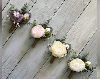 Peony boutonniere with eucalyptus, ivory cream wedding boutonnieres, faux silk blush pink homecoming boutonniere, dusty purple prom