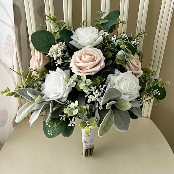 Garden style bridal bouquet, nude neutral pink, white roses & greenery bridesmaids, eucalyptus sage wedding bouquet, corsage, boutonnières