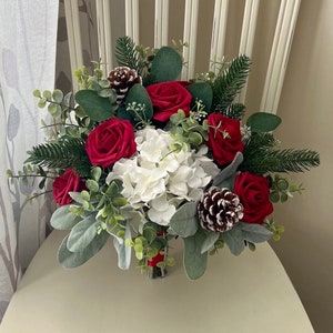 Winter Wedding bouquet, holiday bridal bouquet, pine cones & red rose silk wedding flowers, Christmas faux winter green bridesmaid flowers