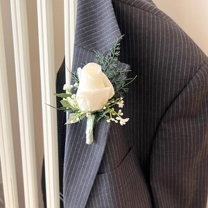 Rose bud boutonniere with fern, realistic ivory rose wedding boutonnieres, faux silk homecoming boutonniere, real touch prom boutonniere image 6