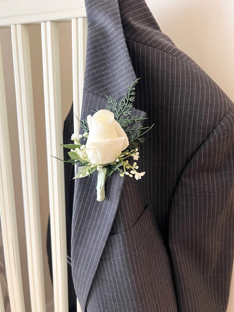 Rose bud boutonniere with fern, realistic ivory rose wedding boutonnieres, faux silk homecoming boutonniere, real touch prom boutonniere image 6