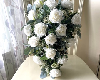 Boho cascading bridal bouquet, white rose cascade wedding bouquet, eucalyptus wedding flowers, greenery bridesmaid bouquet