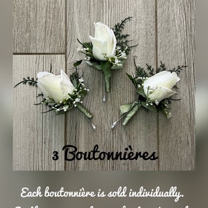Rose bud boutonniere with fern, realistic ivory rose wedding boutonnieres, faux silk homecoming boutonniere, real touch prom boutonniere image 2