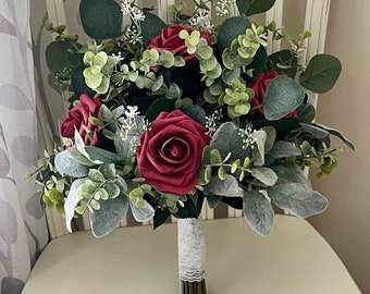 Boho wine rose greenery bridal bouquet eucalyptus wedding bouquet, dark red rosesLambs ear sage bridesmaid flowers