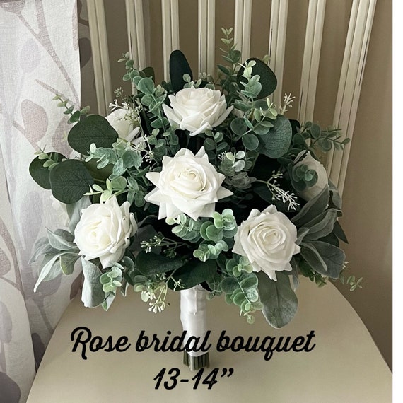Boho Greenery and White Rose Bridal Bouquet, Artificial Eucalyptus