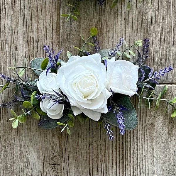 Boho rose cake flowers, lavender & eucalyptus wedding cake arrangement, cake topper and side piece, silk white purple wedding flowers