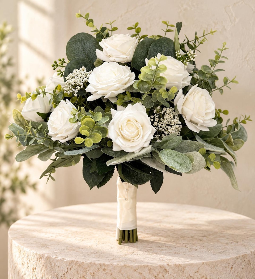 Real Touch White Rose Wedding Bouquet, Eucalyptus Greenery, Boho