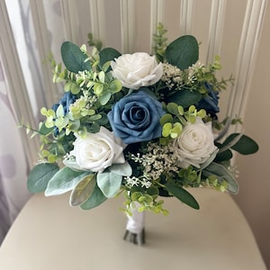 Boho bridal bouquet, steel blue & white roses with greenery wedding bouquet, eucalyptus  bridesmaids, wrist corsage,dark dusty boutonnière