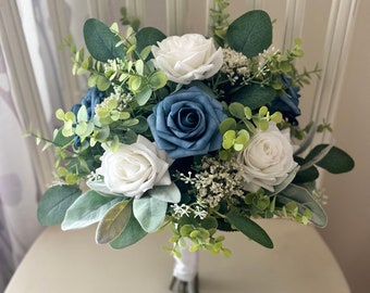 Boho bridal bouquet, steel blue & white roses with greenery wedding bouquet, eucalyptus  bridesmaids, wrist corsage,dark dusty boutonnière