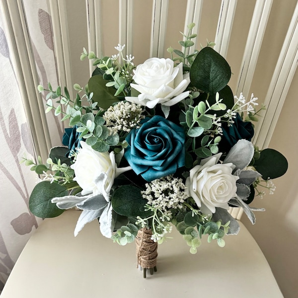 Boho bridal bouquet, teal and  white roses & greenery wedding bouquet, eucalyptus sage bridesmaids, wrist corsage, boutonnières