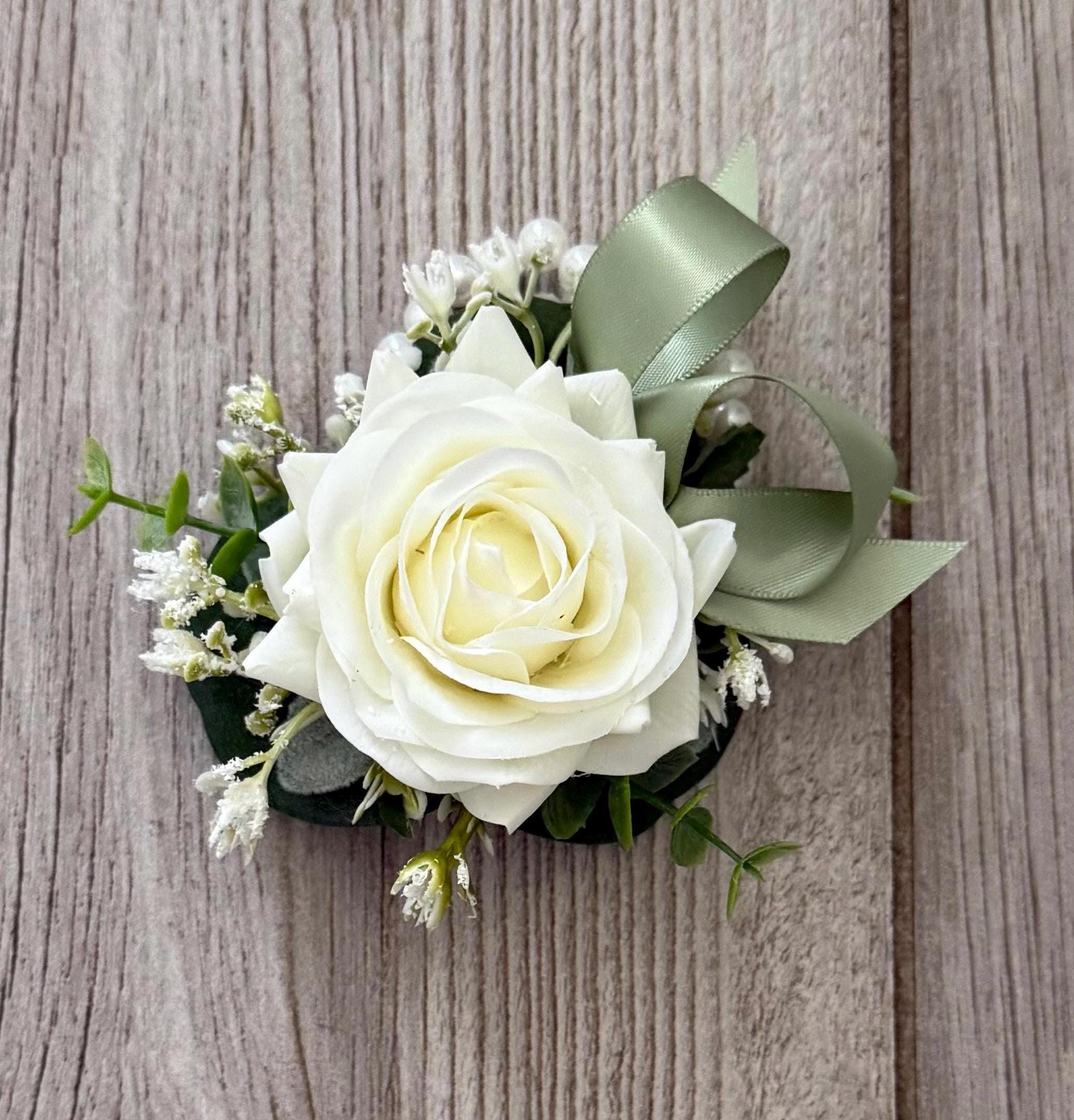 Boho Ivory Rose Corsage, Eucalyptus Boutonniere, Real Touch Faux