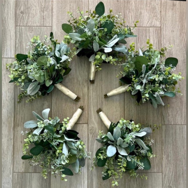 Boho greenery bridesmaid bouquets with seeded eucalyptus wedding bouquet, Lambs ear sage bridal flowers