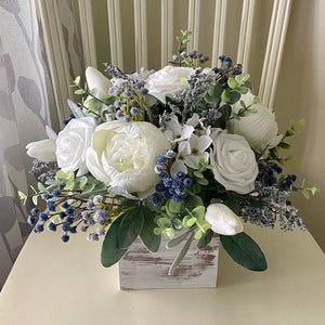 Silk flower centerpiece for the table, farmhouse style white gray dusty navy blue arrangement, eucalyptus & lambs ear shabby chic