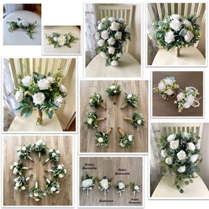 May include: A set of white and green wedding bouquets, including a bridal bouquet, bridesmaids bouquets, boutonnieres, and a flower crown. The bouquets are made with white roses and eucalyptus.