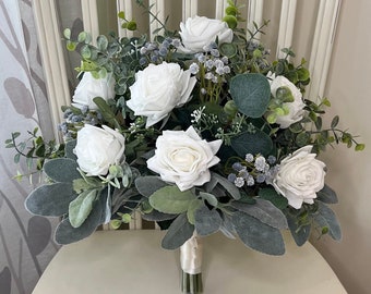 Boho wedding bouquet premium white roses dusty blue accents & greenery bridal bouquet, wedding bouquet, gray sage bridesmaid flowers