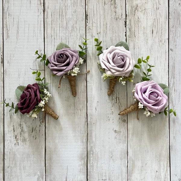 Lavender rose boutonniere with eucalyptus,dusty wisteria wedding flower boutonnieres,homecoming boutonniere,dark lilac plum purple groom