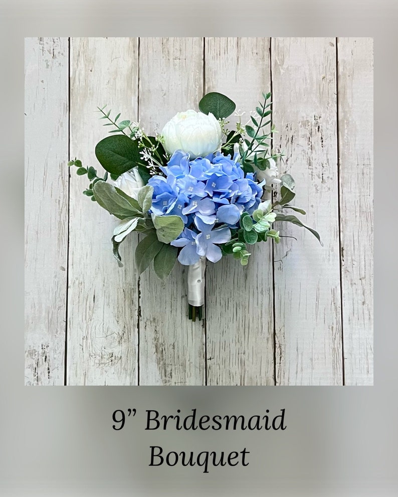 Boho wedding bouquet, white roses & blue hydrangea with eucalyptus bridal flowers, boho silk flower wedding, ivory peony bridesmaid flowers image 4