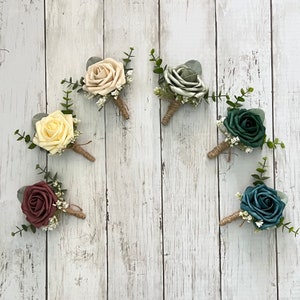 Rose boutonniere with eucalyptus, wedding flower sage emerald green teal mauve beige yellow, homecoming boutonniere prom groom groomsmen