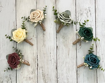 Rose boutonniere with eucalyptus, wedding flower sage emerald green teal mauve beige yellow, homecoming boutonniere prom groom groomsmen