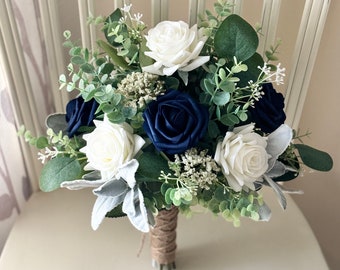 Boho bridal bouquet, Navy & white roses, greenery wedding bouquet,silk artificial eucalyptus sage bridesmaid bouquet, corsage, boutonnières